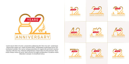 set of anniversary logotype golden color with ornament and red ribbon for special celebration eventのイラスト素材
