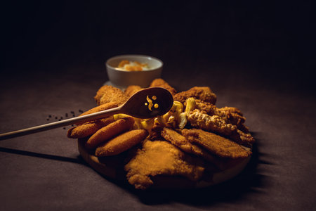 Meat plate with gordon bleu, meat, schnitzel, crispy chicken and traditional dishes with wooden face...