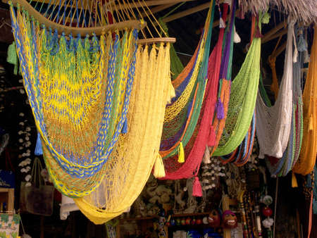 colourful hanging hammocks for saleの写真素材