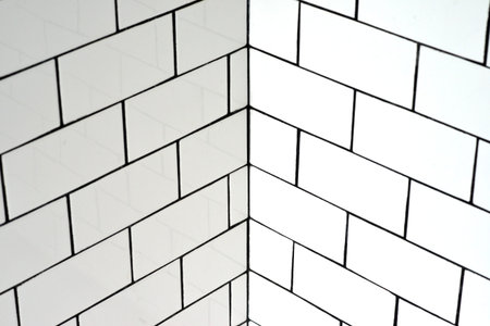 White vintage metro tiles and black grout in a bathroomの写真素材
