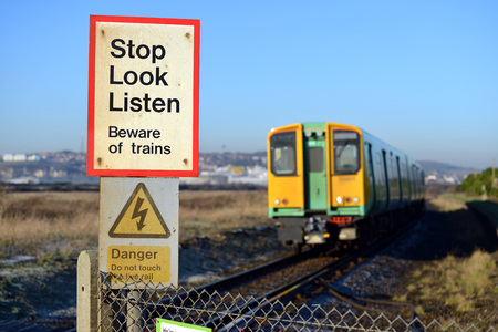 Stop, look and listen train crossing warning signのeditorial素材
