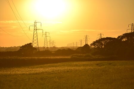 Power lines in countryside with golden setting sunの写真素材