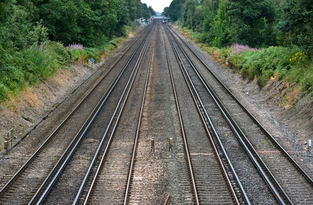 Four straight train tracks through woodlandの写真素材