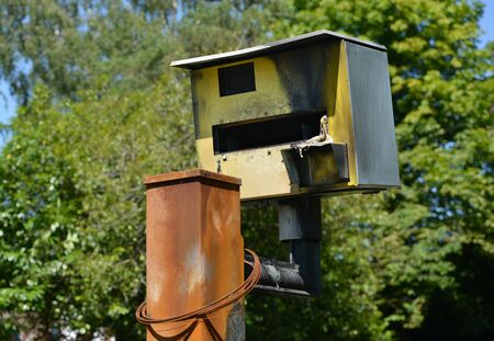 Vandalised speed camera, damaged by being fire bombedの写真素材