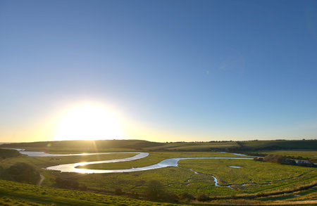 Cuckmere river and flood plain of Cuckmere Havenの写真素材