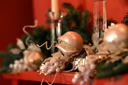 Traditional luxury christmas glass baubles with ribbonsの写真素材