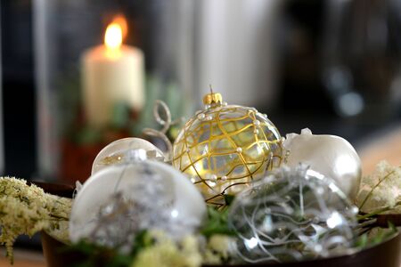 Traditional luxury christmas glass baubles with ribbonsの写真素材