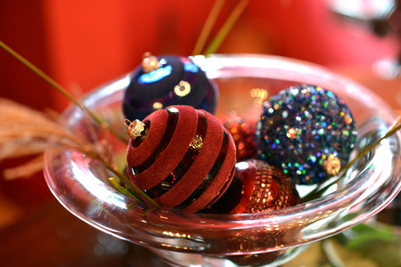 Traditional luxury christmas glass baubles with ribbonsの写真素材