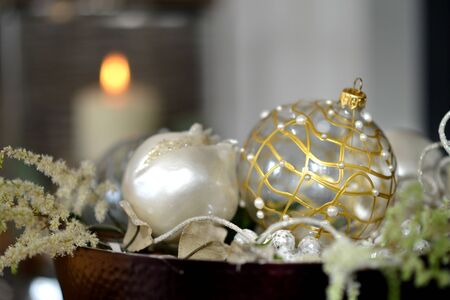 Traditional luxury christmas glass baubles with ribbonsの写真素材