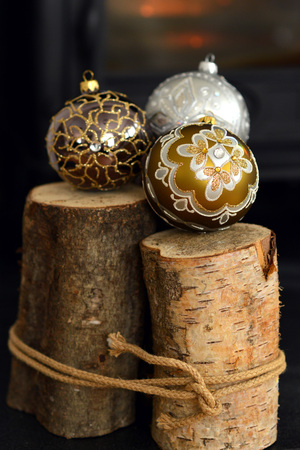 Traditional decorative glass Christmas baubles not on a treeの写真素材