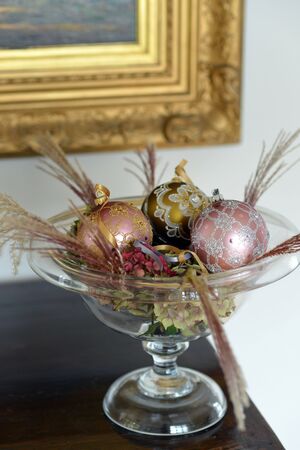 Traditional decorative glass Christmas baubles not on a treeの写真素材