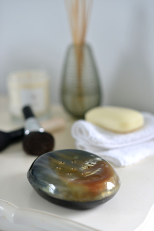 Natural horn soap dish in a bathroomの写真素材