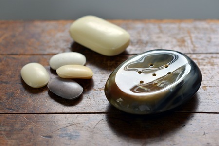 Natural horn soap dish in a bathroomの写真素材