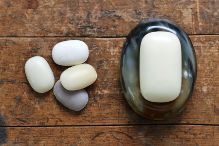 Natural horn soap dish in a bathroomの写真素材