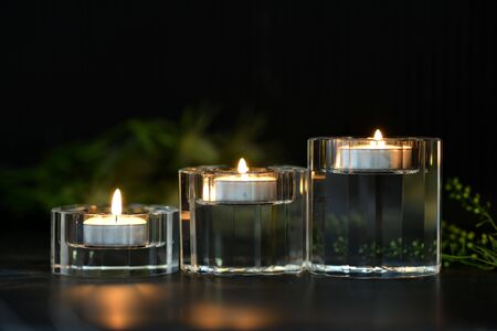 Glass candle holders with green foliage and dark backgroundの写真素材