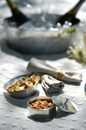 luxury summer picnic with champagne and silverwareの写真素材