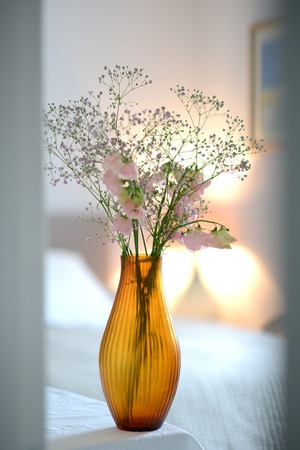 Amber glass fluted vase with flowers in a roomの写真素材