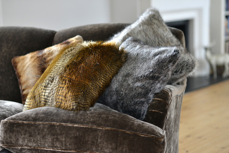 Faux fur throws and cushions room interiorの写真素材