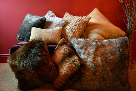Faux fur throws and cushions room interiorの写真素材