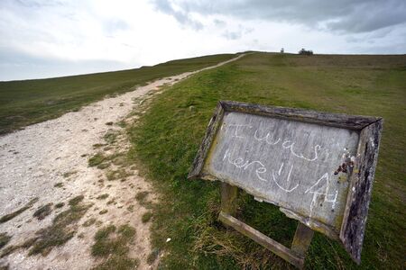 Chalk sign saying I was here, near pathの写真素材