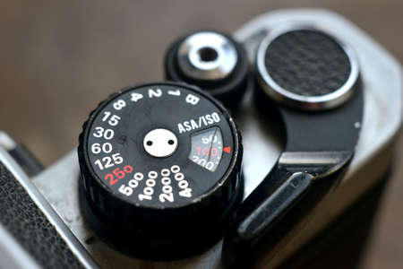 close up of vintage camera dials and shutter releaseの写真素材