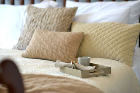 Fawn leather tray in a bedroom settingの写真素材