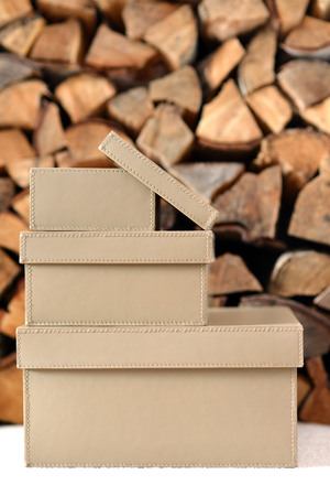 Tan leather storage boxes in front of stack of logsの写真素材