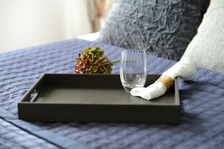 Dark brown leather tray in a blue bedroom