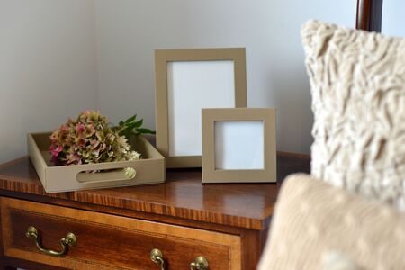 Luxury leather picture frames in a bedroomの写真素材