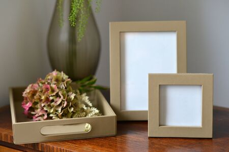 Luxury leather picture frames in a bedroomの写真素材