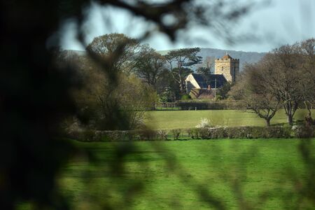 Village church seen through foliage and treesの写真素材