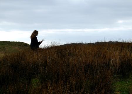 Girl collecting plants from a dark heath / grasslandの写真素材