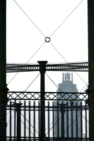 Old gas holders in London with modern buildingsの写真素材