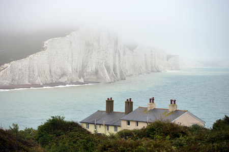 Seven sisters chalk cliffs in sussex covered in sea mistの写真素材