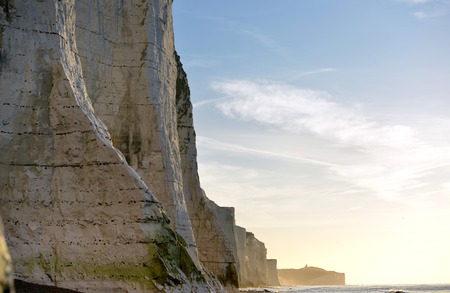 Seven Sisters chalk cliffs at Cuckmere Haven, East Sussex, at sunriseの写真素材
