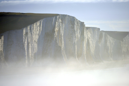 Seven Sisters chalk cliffs near Seaford in sea mistの写真素材