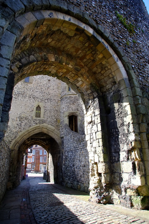 Arched gateway to Lewes Castle Barbican, East Sussexのeditorial素材