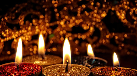 This photo shows some of expressing light and shade made of candles and golden Christmas decorations and brillantinate. The red and gold colors will draw the typical warm atmosphere of Christmas.の写真素材