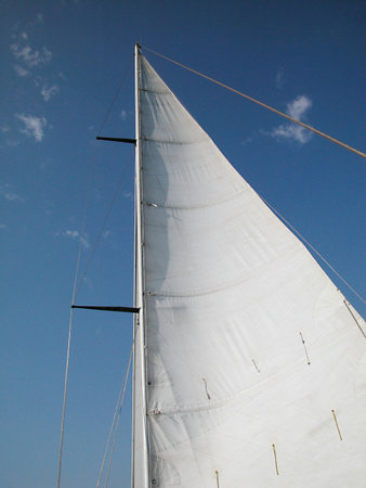 A view looking upwards at the mast, sail and rigging of a yacht underway