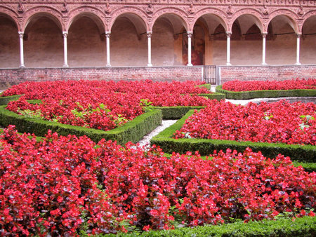 Cloister and flowers, Certosa di Pavia, Italyの写真素材