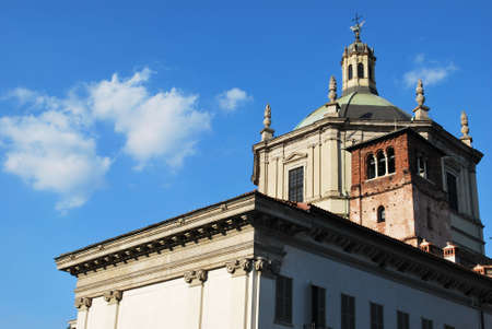 View of St. Lorenzo church against blue sky, Milan, Italyの写真素材