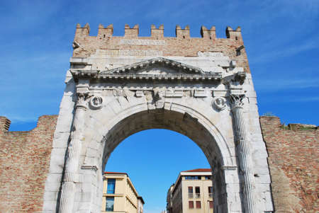Augustus' triumph arch detail, historical famous roman landmark, Rimini, Italyの写真素材