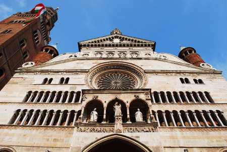 Cathedral facade and tower bell called Torrazzo, Cremona, Lombardy, Italyの写真素材