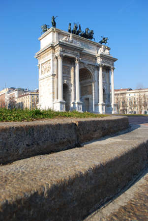 Historical marble arch Arco della Pace, Sempione square, Milan, Lombardy, Italyの写真素材