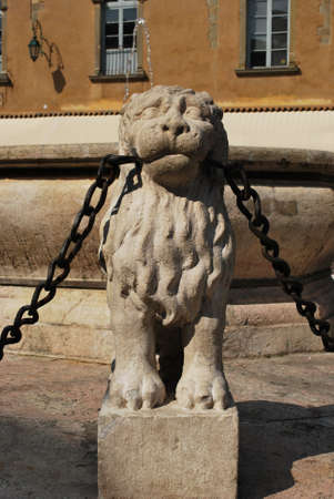 Lion statue decoration, venetian Contarini fountain, Bergamo, Lombardy, Italyの写真素材
