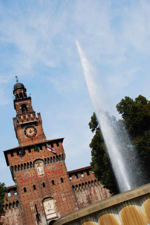 Sforza castle, main entrance at Filarete tower and fountain, Milan, Italyのeditorial素材