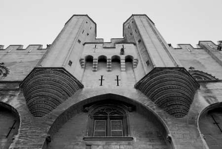 Black and white image, facade detail of Popes Palace in Avignon, Provence, Franceのeditorial素材