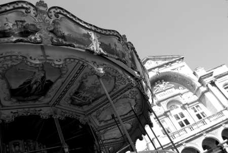Black and white picture of vintage carousel and theater in Avignon, Provence, Franceのeditorial素材