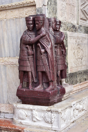 Monument of Four Tetrarchs, late roman emperors, at the corner of Saint Mark Basilica in Veniceのeditorial素材