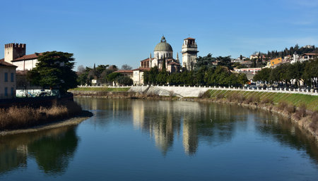 Panorama of Adige River in Verona with San Giorgio in Braida church reflection